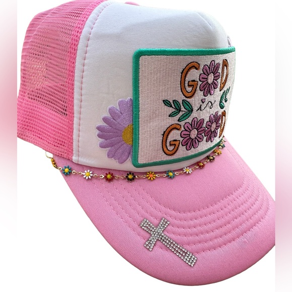 God Is Good Pink Floral Patch Trucker Hat Cap with Floral Chain - Picture 7 of 8